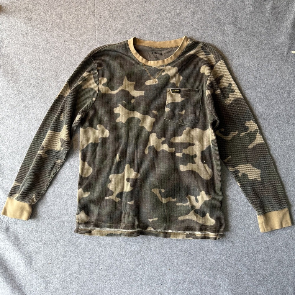 Stanley Mens Camo Waffle Knit Thermal Long Sleeve Pocket T-Shirt Green Tan L